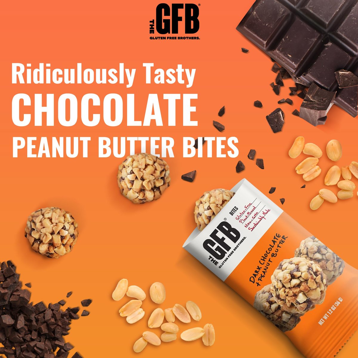 The Gluten Free Brothers Dunkle Schokolade Erdnussbutter Bissen - Glutenfreie Proteinbällchen – Nicht-GVO, Sojafrei, Vegan – Snackgröße pflanzliche Protein-Energiebällchen, 1,2 oz (10er Pack)