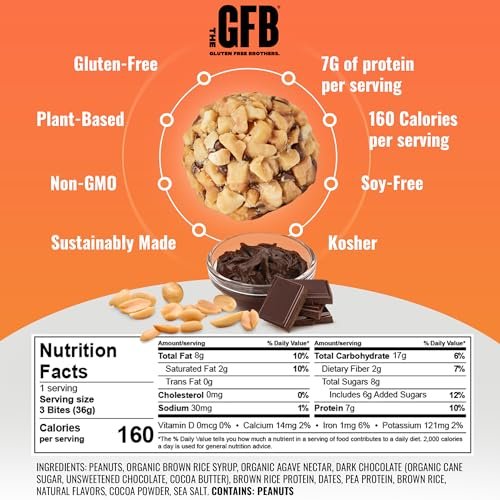 The Gluten Free Brothers Dunkle Schokolade Erdnussbutter Bissen - Glutenfreie Proteinbällchen – Nicht-GVO, Sojafrei, Vegan – Snackgröße pflanzliche Protein-Energiebällchen, 1,2 oz (10er Pack)