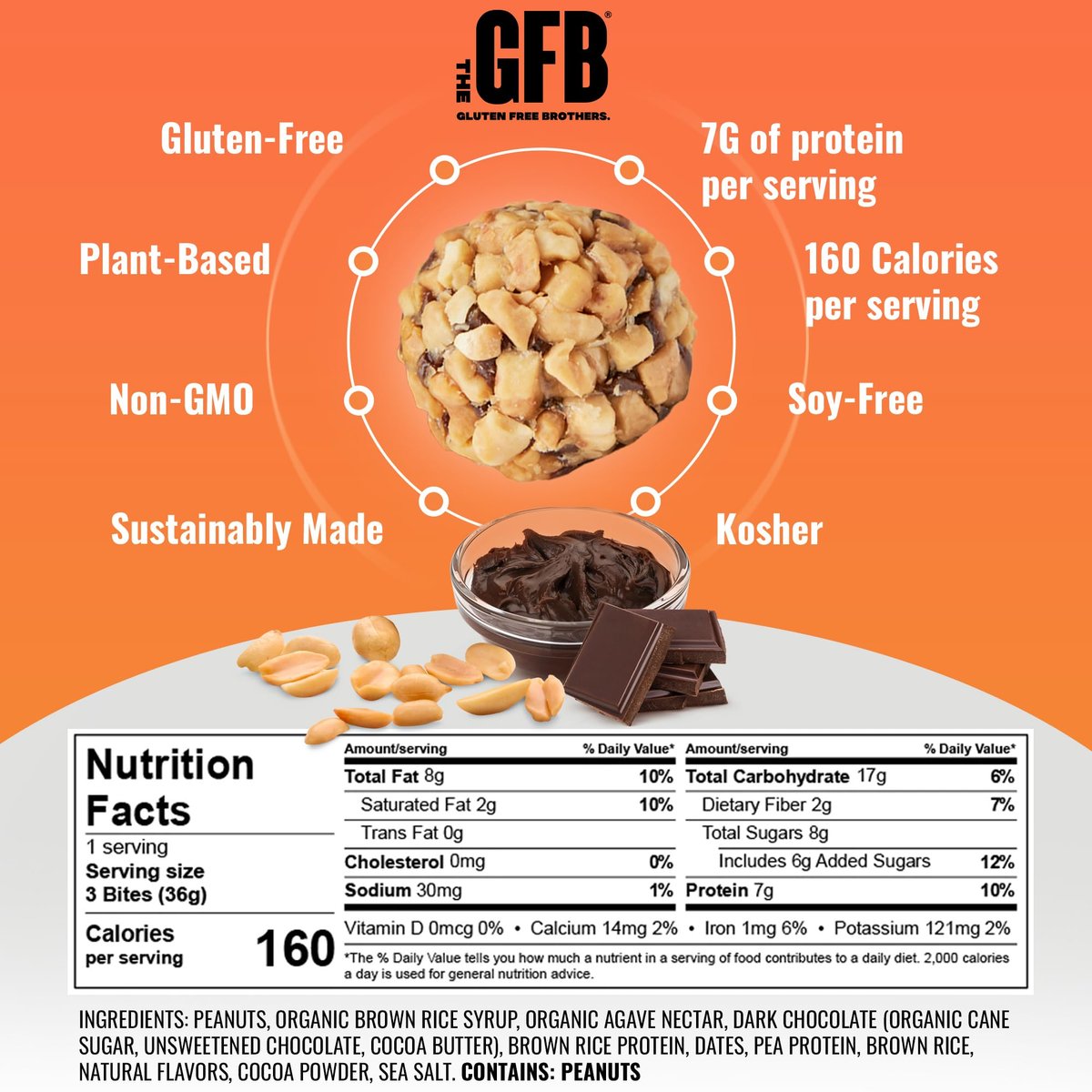 The Gluten Free Brothers Dunkle Schokolade Erdnussbutter Bissen - Glutenfreie Proteinbällchen – Nicht-GVO, Sojafrei, Vegan – Snackgröße pflanzliche Protein-Energiebällchen, 1,2 oz (10er Pack)