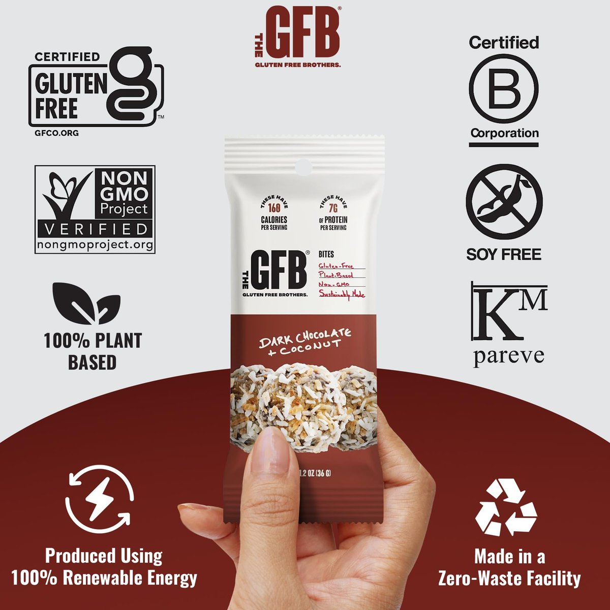 The GFB Dark Chocolate Coconut Protein Bites – Glutenfrei, pflanzlich, nicht genetisch verändert, nachhaltig hergestellt – unglaublich lecker, gesund, vegan, Protein-Energiebällchen, 1,2 oz (10er Pack)