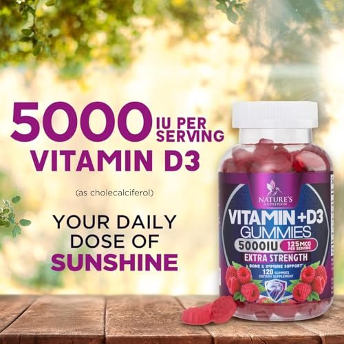 Vitamin D3 Gummis 5000 IE – 120 Stück – Knochen-, Zahn-, Muskel- und Immunsystem-Unterstützung für Männer & Frauen – Premium VIT D3, natürlich & glutenfrei