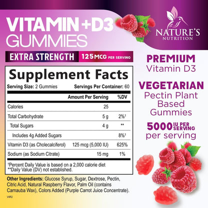 Vitamin D3 Gummis 5000 IE – 120 Stück – Knochen-, Zahn-, Muskel- und Immunsystem-Unterstützung für Männer & Frauen – Premium VIT D3, natürlich & glutenfrei