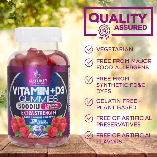 Vitamin D3 Gummis 5000 IE – 120 Stück – Knochen-, Zahn-, Muskel- und Immunsystem-Unterstützung für Männer & Frauen – Premium VIT D3, natürlich & glutenfrei
