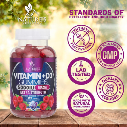 Vitamin D3 Gummis 5000 IE – 120 Stück – Knochen-, Zahn-, Muskel- und Immunsystem-Unterstützung für Männer & Frauen – Premium VIT D3, natürlich & glutenfrei