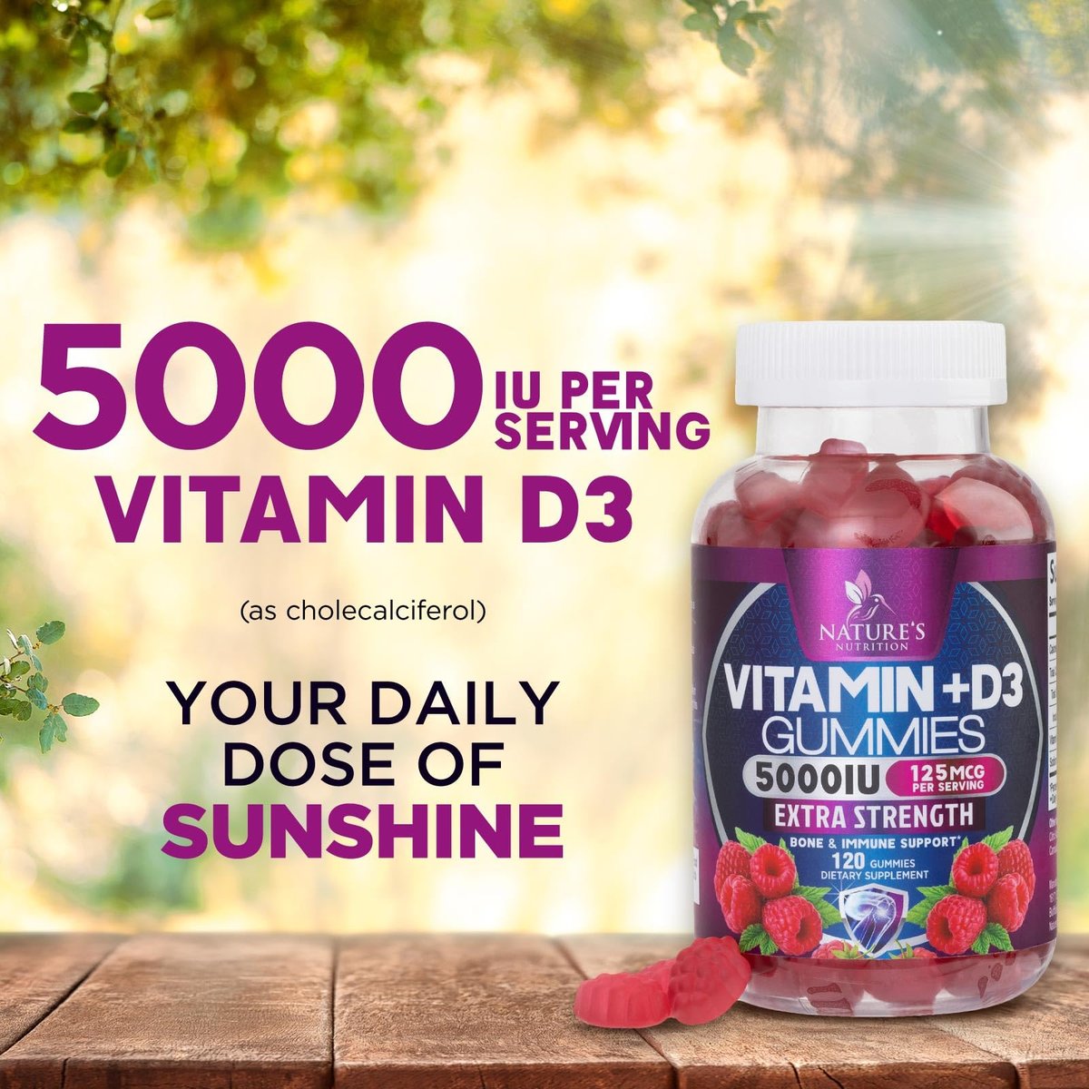 Vitamin D3 Gummis 5000 IE – 120 Stück – Knochen-, Zahn-, Muskel- und Immunsystem-Unterstützung für Männer & Frauen – Premium VIT D3, natürlich & glutenfrei
