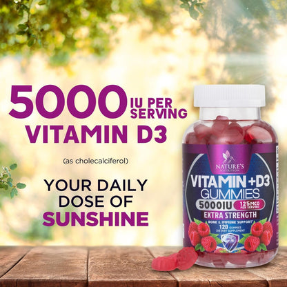 Vitamin D3 Gummis 5000 IE – 120 Stück – Knochen-, Zahn-, Muskel- und Immunsystem-Unterstützung für Männer & Frauen – Premium VIT D3, natürlich & glutenfrei
