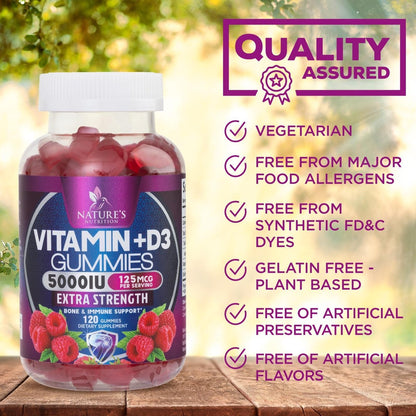 Vitamin D3 Gummis 5000 IE – 120 Stück – Knochen-, Zahn-, Muskel- und Immunsystem-Unterstützung für Männer & Frauen – Premium VIT D3, natürlich & glutenfrei