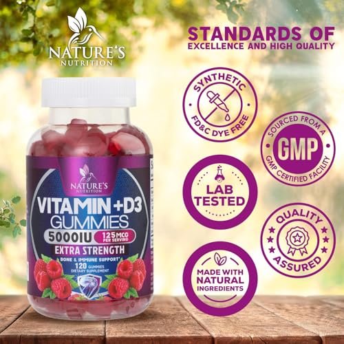 Vitamin D3 Gummis 5000 IE – 120 Stück – Knochen-, Zahn-, Muskel- und Immunsystem-Unterstützung für Männer & Frauen – Premium VIT D3, natürlich & glutenfrei