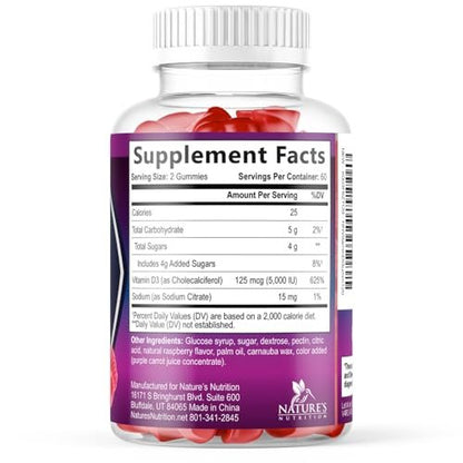 Vitamin D3 Gummis 5000 IE – 120 Stück – Knochen-, Zahn-, Muskel- und Immunsystem-Unterstützung für Männer & Frauen – Premium VIT D3, natürlich & glutenfrei