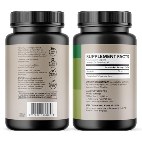 Apigenin Kapseln 50 mg – 60 Stück, Vegan, Non-GMO, Schlaf- und kognitive Unterstützung – Kamillenflavonoid für Entspannung, Prostatagesundheit, Melatoninfrei, Liposomale Formel für verbesserte Absorption