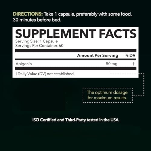 Apigenin Kapseln 50 mg – 60 Stück, Vegan, Non-GMO, Schlaf- und kognitive Unterstützung – Kamillenflavonoid für Entspannung, Prostatagesundheit, Melatoninfrei, Liposomale Formel für verbesserte Absorption
