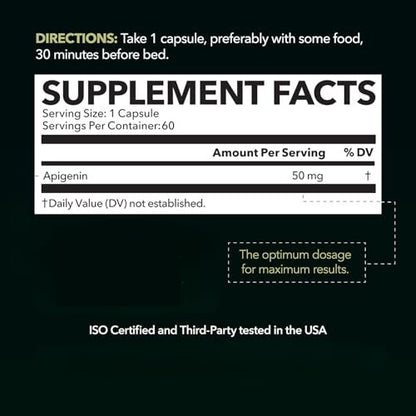 Apigenin Kapseln 50 mg – 60 Stück, Vegan, Non-GMO, Schlaf- und kognitive Unterstützung – Kamillenflavonoid für Entspannung, Prostatagesundheit, Melatoninfrei, Liposomale Formel für verbesserte Absorption
