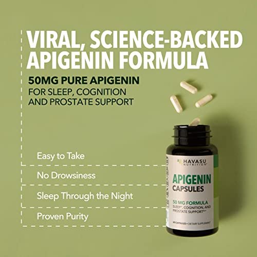 Apigenin Kapseln 50 mg – 60 Stück, Vegan, Non-GMO, Schlaf- und kognitive Unterstützung – Kamillenflavonoid für Entspannung, Prostatagesundheit, Melatoninfrei, Liposomale Formel für verbesserte Absorption