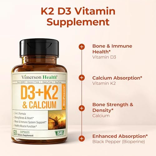 Vitamin D3 K2 Calcium Komplex – Knochen-, Muskel- & Immununterstützung – 5000 IE D3, K2 MK7, Calcium & BioPerin – 60 Kapseln