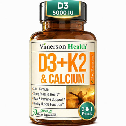 Vitamin D3 K2 Calcium Komplex – Knochen-, Muskel- & Immununterstützung – 5000 IE D3, K2 MK7, Calcium & BioPerin – 60 Kapseln