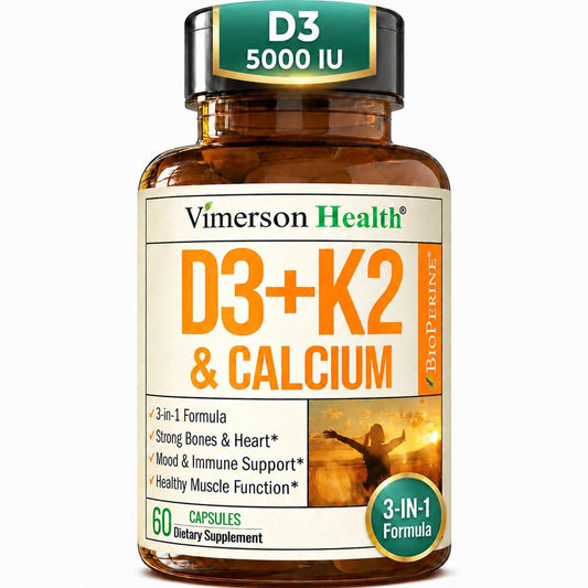 Vitamin D3 K2 Calcium Komplex – Knochen-, Muskel- & Immununterstützung – 5000 IE D3, K2 MK7, Calcium & BioPerin – 60 Kapseln