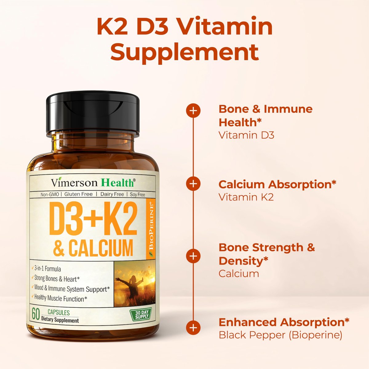 Vitamin D3 K2 Calcium Komplex – Knochen-, Muskel- & Immununterstützung – 5000 IE D3, K2 MK7, Calcium & BioPerin – 60 Kapseln