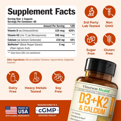 Vitamin D3 K2 Calcium Komplex – Knochen-, Muskel- & Immununterstützung – 5000 IE D3, K2 MK7, Calcium & BioPerin – 60 Kapseln