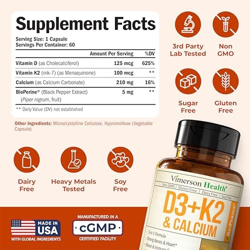 Vitamin D3 K2 Calcium Komplex – Knochen-, Muskel- & Immununterstützung – 5000 IE D3, K2 MK7, Calcium & BioPerin – 60 Kapseln