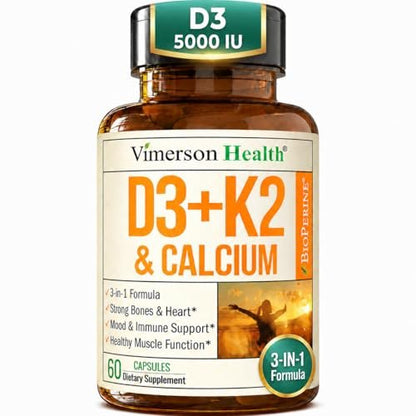Vitamin D3 K2 Calcium Komplex – Knochen-, Muskel- & Immununterstützung – 5000 IE D3, K2 MK7, Calcium & BioPerin – 60 Kapseln