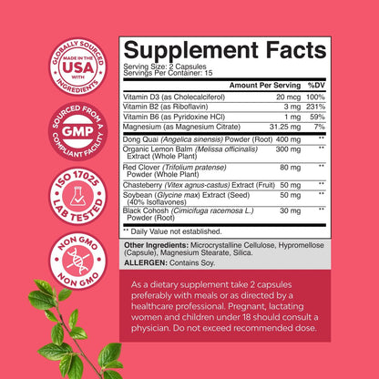 Komplettes pflanzliches Wechseljahre-Präparat für Frauen – Multibenefit Menopause Ease Hormonbalance gegen Nachtschweiß, Stimmungsschwankungen und mehr mit Dong Quai, Mönchspfeffer und Traubensilberkerze – 30 Kapseln
