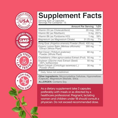 Komplettes pflanzliches Wechseljahre-Präparat für Frauen – Multibenefit Menopause Ease Hormonbalance gegen Nachtschweiß, Stimmungsschwankungen und mehr mit Dong Quai, Mönchspfeffer und Traubensilberkerze – 30 Kapseln