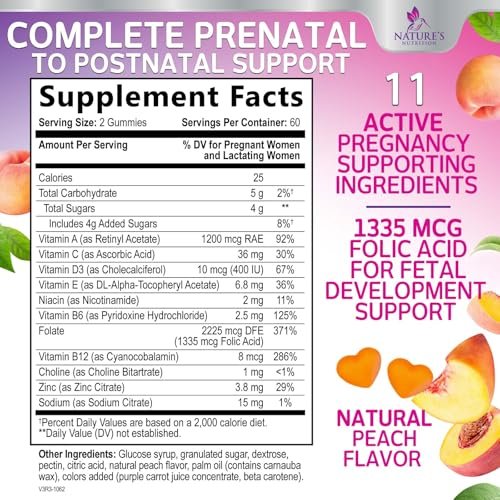Pränatale Vitamine für Frauen – Schwangerschaftsvitamine Gummibärchen mit Folsäure, Vitamin A, C, D3, B12, B6 – Präzises Multivitamin für die fetale Unterstützung, schwangere & stillende Frauen – 120 Gummibärchen