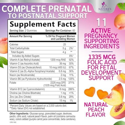 Pränatale Vitamine für Frauen – Schwangerschaftsvitamine Gummibärchen mit Folsäure, Vitamin A, C, D3, B12, B6 – Präzises Multivitamin für die fetale Unterstützung, schwangere & stillende Frauen – 120 Gummibärchen