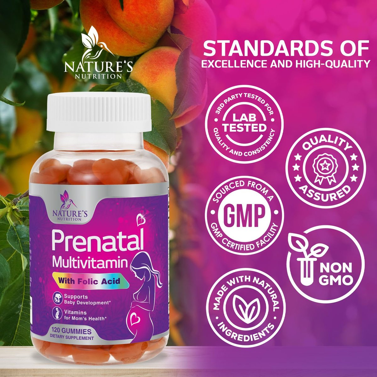 Pränatale Vitamine für Frauen – Schwangerschaftsvitamine Gummibärchen mit Folsäure, Vitamin A, C, D3, B12, B6 – Präzises Multivitamin für die fetale Unterstützung, schwangere & stillende Frauen – 120 Gummibärchen