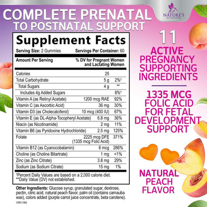 Pränatale Vitamine für Frauen – Schwangerschaftsvitamine Gummibärchen mit Folsäure, Vitamin A, C, D3, B12, B6 – Präzises Multivitamin für die fetale Unterstützung, schwangere & stillende Frauen – 120 Gummibärchen