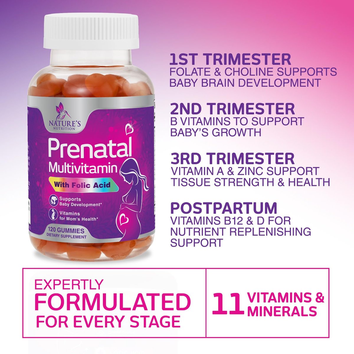 Pränatale Vitamine für Frauen – Schwangerschaftsvitamine Gummibärchen mit Folsäure, Vitamin A, C, D3, B12, B6 – Präzises Multivitamin für die fetale Unterstützung, schwangere & stillende Frauen – 120 Gummibärchen