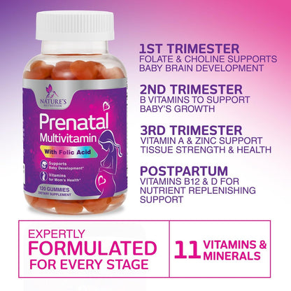 Pränatale Vitamine für Frauen – Schwangerschaftsvitamine Gummibärchen mit Folsäure, Vitamin A, C, D3, B12, B6 – Präzises Multivitamin für die fetale Unterstützung, schwangere & stillende Frauen – 120 Gummibärchen