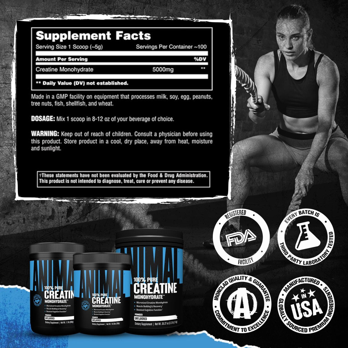 Animal Creatine Monohydrat Pulver – Mikronisiertes Kreatin für Frauen und Männer, unterstützt Muskelwachstum, Kraft, Ausdauer, Erholung und ATP-Produktion, Fitness- & Trainingsergänzung – Ungeschmackvoll, 500 g