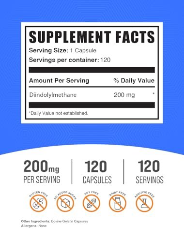 BulkSupplements.com DIM Kapseln - Diindolylmethan Kapseln für Männer & Frauen, DIM 200mg, Glutenfrei, 1 Kapsel pro Portion, 120 Stück (1er Pack)