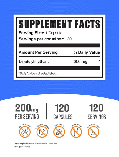 BulkSupplements.com DIM Kapseln - Diindolylmethan Kapseln für Männer & Frauen, DIM 200mg, Glutenfrei, 1 Kapsel pro Portion, 120 Stück (1er Pack)