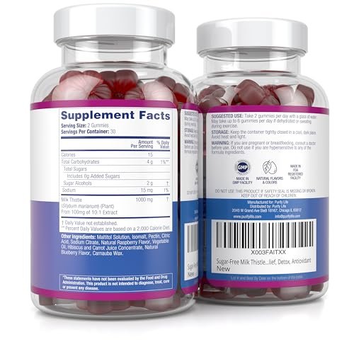 Zuckerfreie Mariendistel Gummis für Leberreinigung & -reparatur (natürlicher Blaubeer-Himbeer-Geschmack) - Mariendistel Supplement mit Antioxidantien, vegan, ersetzt Tabletten & Kapseln