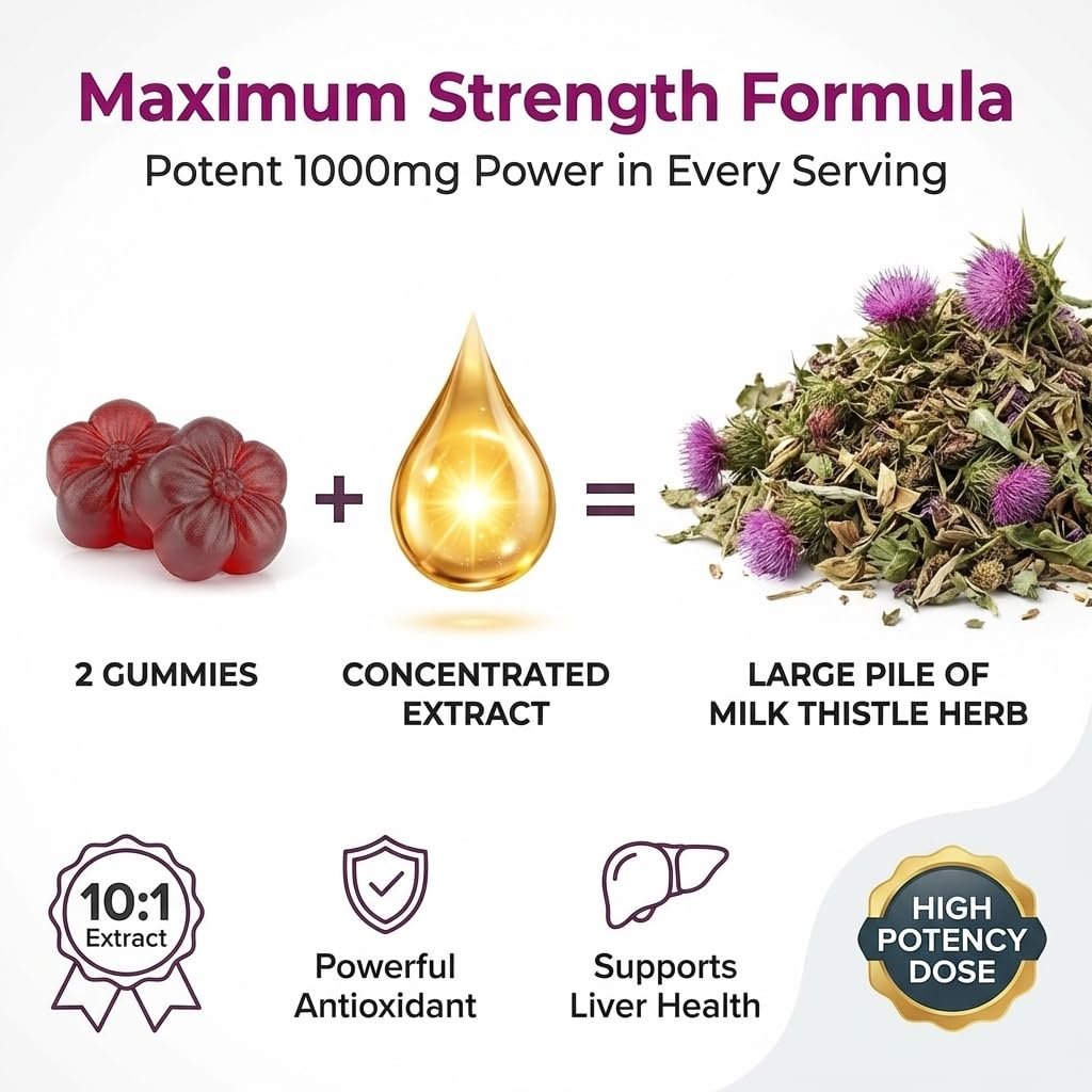 Zuckerfreie Mariendistel Gummis für Leberreinigung & -reparatur (natürlicher Blaubeer-Himbeer-Geschmack) - Mariendistel Supplement mit Antioxidantien, vegan, ersetzt Tabletten & Kapseln