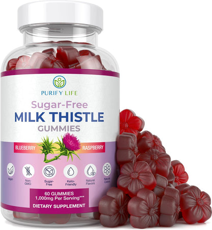 Zuckerfreie Mariendistel Gummis für Leberreinigung & -reparatur (natürlicher Blaubeer-Himbeer-Geschmack) - Mariendistel Supplement mit Antioxidantien, vegan, ersetzt Tabletten & Kapseln