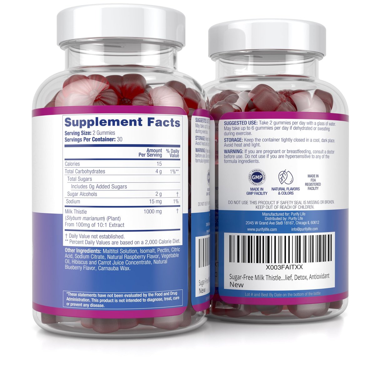 Zuckerfreie Mariendistel Gummis für Leberreinigung & -reparatur (natürlicher Blaubeer-Himbeer-Geschmack) - Mariendistel Supplement mit Antioxidantien, vegan, ersetzt Tabletten & Kapseln