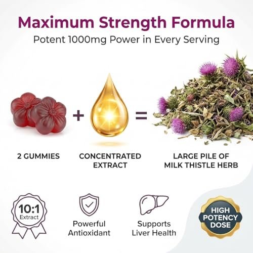 Zuckerfreie Mariendistel Gummis für Leberreinigung & -reparatur (natürlicher Blaubeer-Himbeer-Geschmack) - Mariendistel Supplement mit Antioxidantien, vegan, ersetzt Tabletten & Kapseln
