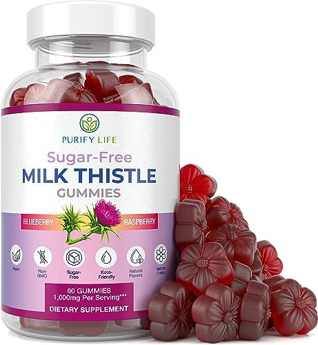Zuckerfreie Mariendistel Gummis für Leberreinigung & -reparatur (natürlicher Blaubeer-Himbeer-Geschmack) - Mariendistel Supplement mit Antioxidantien, vegan, ersetzt Tabletten & Kapseln
