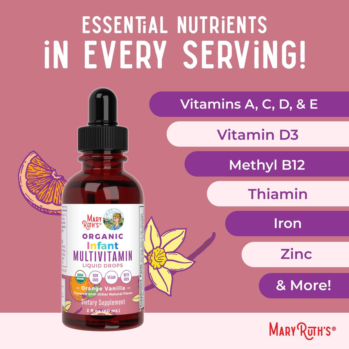 MARYRUTH'S Organics Multivitamin mit Eisen für Säuglinge | USDA Bio | Flüssige Tropfen für Babys 6-12 Monate | Immununterstützung & allgemeines Wohlbefinden | Vegan | Nicht-GMO | Glutenfrei | 60 ml