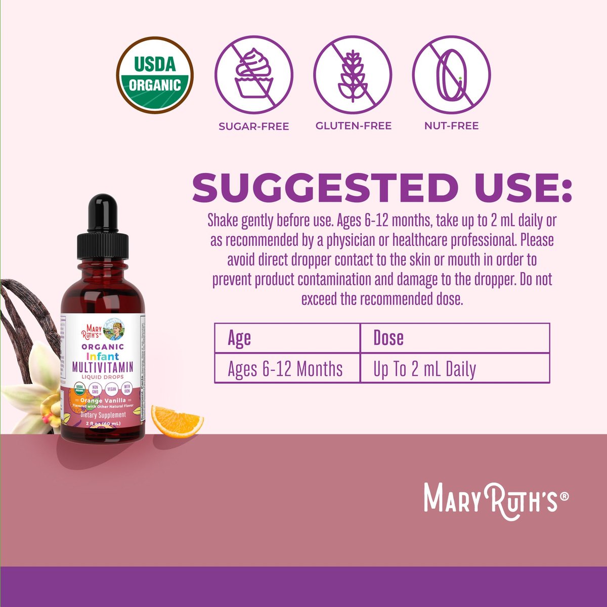 MARYRUTH'S Organics Multivitamin mit Eisen für Säuglinge | USDA Bio | Flüssige Tropfen für Babys 6-12 Monate | Immununterstützung & allgemeines Wohlbefinden | Vegan | Nicht-GMO | Glutenfrei | 60 ml