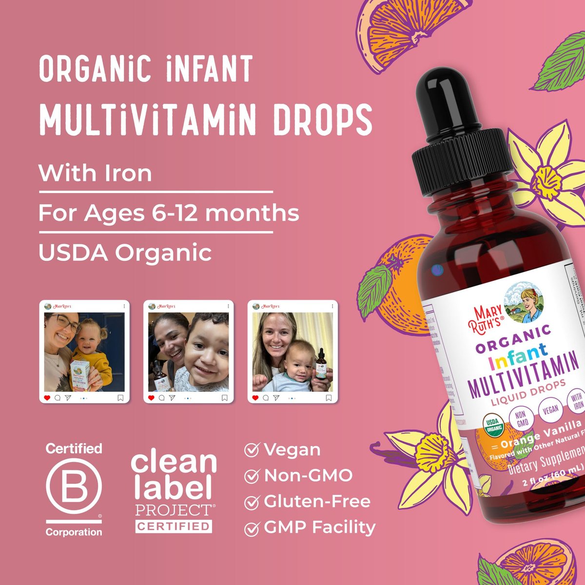 MARYRUTH'S Organics Multivitamin mit Eisen für Säuglinge | USDA Bio | Flüssige Tropfen für Babys 6-12 Monate | Immununterstützung & allgemeines Wohlbefinden | Vegan | Nicht-GMO | Glutenfrei | 60 ml