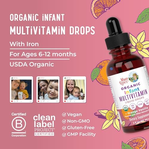 MARYRUTH'S Organics Multivitamin mit Eisen für Säuglinge | USDA Bio | Flüssige Tropfen für Babys 6-12 Monate | Immununterstützung & allgemeines Wohlbefinden | Vegan | Nicht-GMO | Glutenfrei | 60 ml