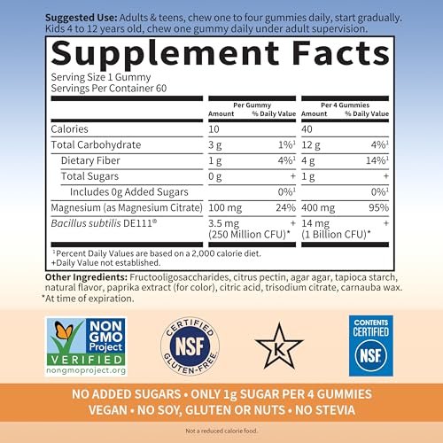 Garden of Life Magnesium Citrat Gummies mit Präbiotika & Probiotika – Vegan, Glutenfrei, Koscher, Non-GMO, ohne Zuckerzusatz, Pfirsichgeschmack, 60 Stück