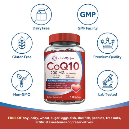 Doctor's Recipes CoQ10 200mg pro Portion – Hochdosiertes Coenzym Q10 mit Olivenöl für Herz & Gefäße, Energieproduktion & antioxidative Unterstützung, 2-Monats-Vorrat, 120 Softgels