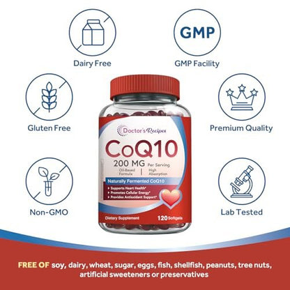 Doctor's Recipes CoQ10 200mg pro Portion – Hochdosiertes Coenzym Q10 mit Olivenöl für Herz & Gefäße, Energieproduktion & antioxidative Unterstützung, 2-Monats-Vorrat, 120 Softgels