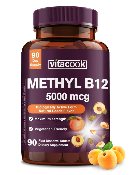 Vitacook Vitamin B12 Sublingual, Methylcobalamin 5000 mcg für Energie, Nerven & Zellen, natürlicher Pfirsichgeschmack, vegan, zuckerfrei, 90 schnell lösliche Tabletten