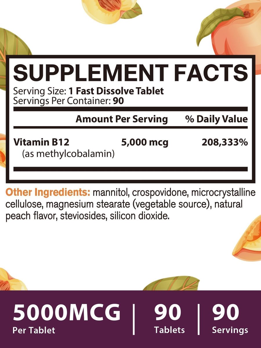 Vitacook Vitamin B12 Sublingual, Methylcobalamin 5000 mcg für Energie, Nerven & Zellen, natürlicher Pfirsichgeschmack, vegan, zuckerfrei, 90 schnell lösliche Tabletten
